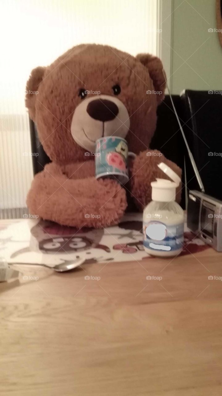 Frühstück Pause Teddy Bär. lustig fröhlich gemütlich Kindheit Freude Kaffee trinken Tee. Gespräch