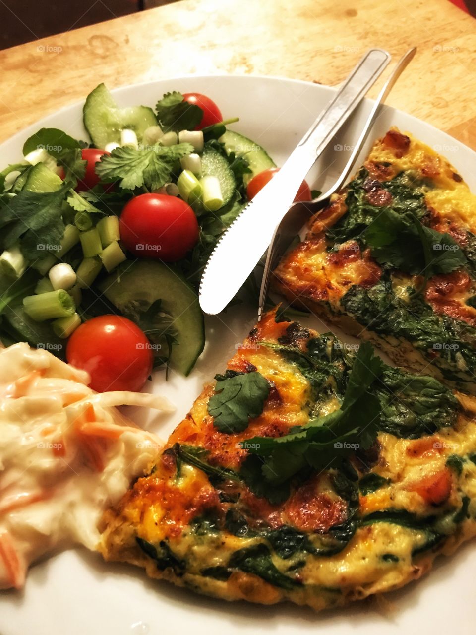 Spinach and sweet potato frittata with salad and coleslaw 