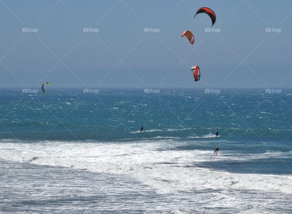 Windsurfers. Colorful Windsurfers Off The California Coast
