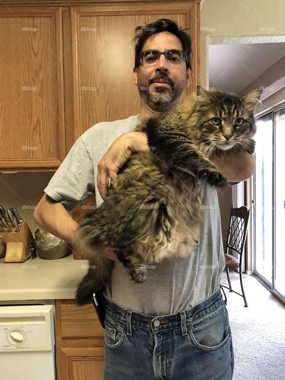 Boyfriend holding Maine coon cat