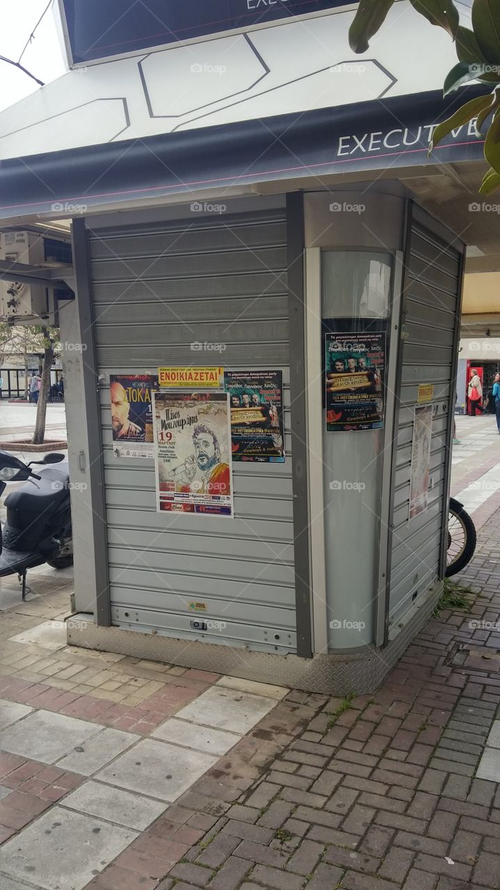 Kiosk shut down in the centre of Pyrgos Ilias, Greece, due to the financial crisis.