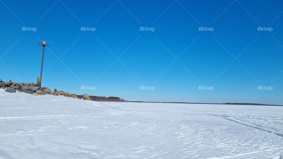 Pärämeri National Park in Finnish Lapland. The sea is frozen in April.