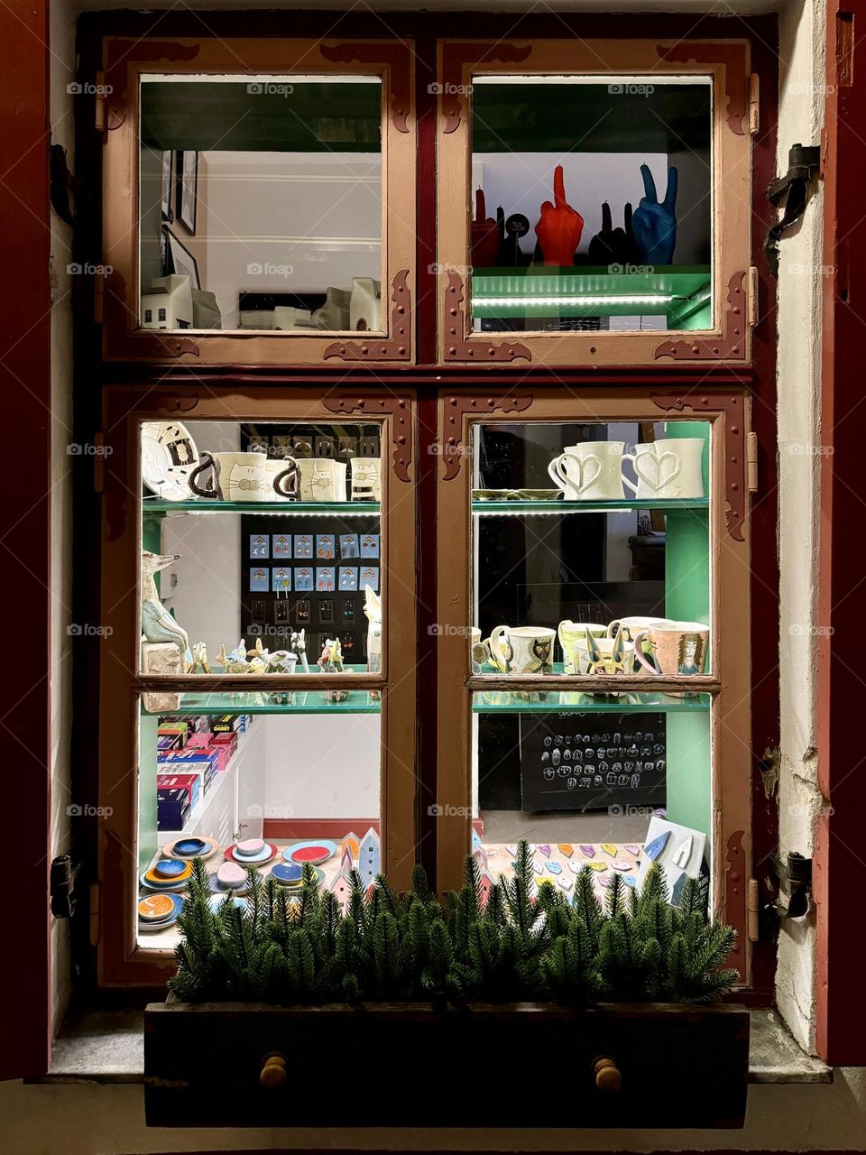 illuminated window in a souvenir shop