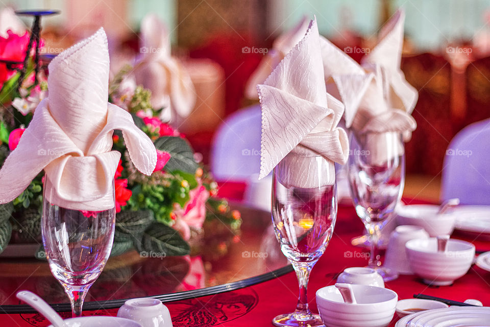 Close-up of set table at wedding