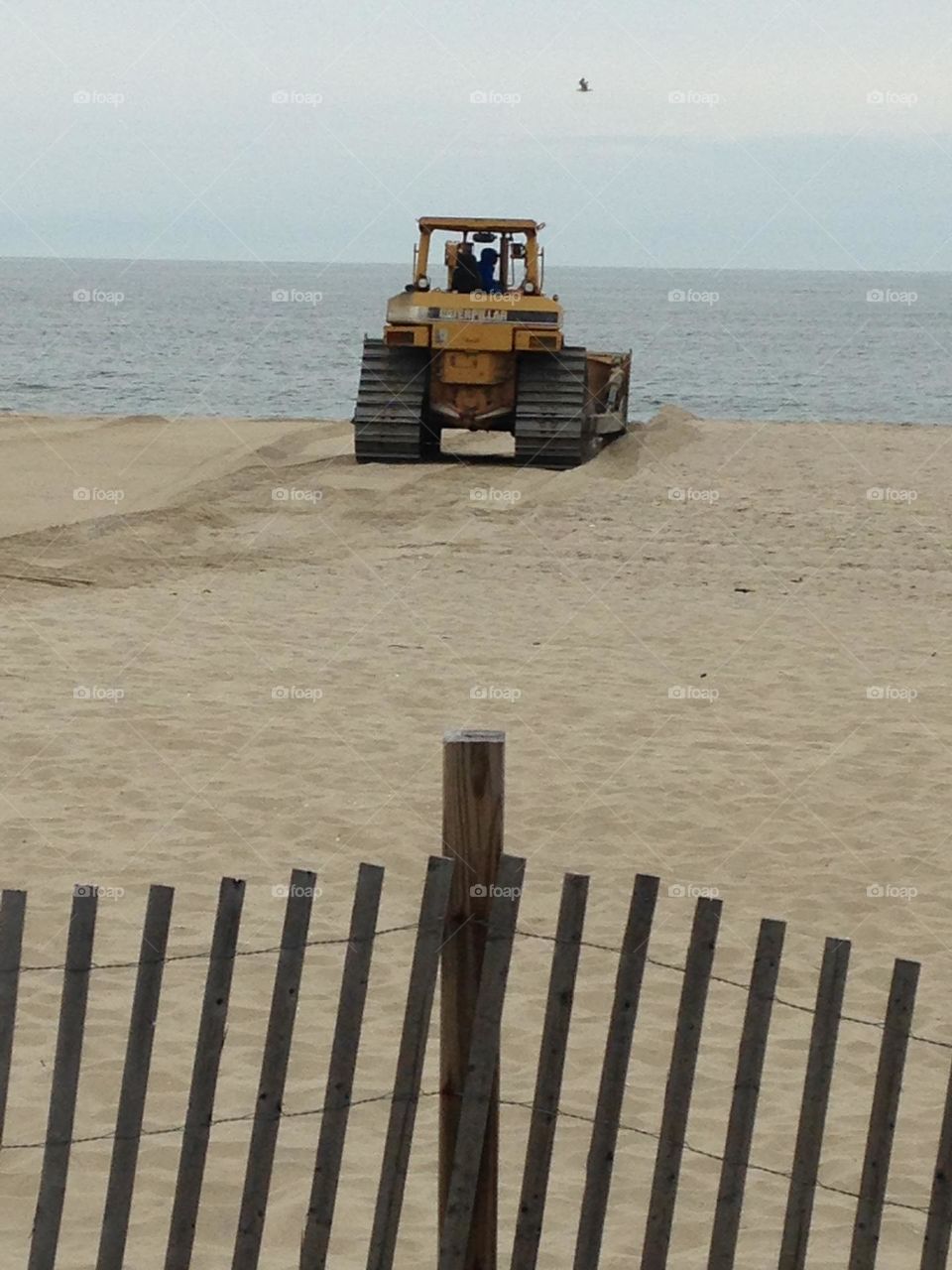 A man in a bulldozer works on the beach dunes in Point Pleasant Beach, NJ. Here he sits atop a hill facing the ocean as a seagull flies by. I wish I had a view like this at work. 