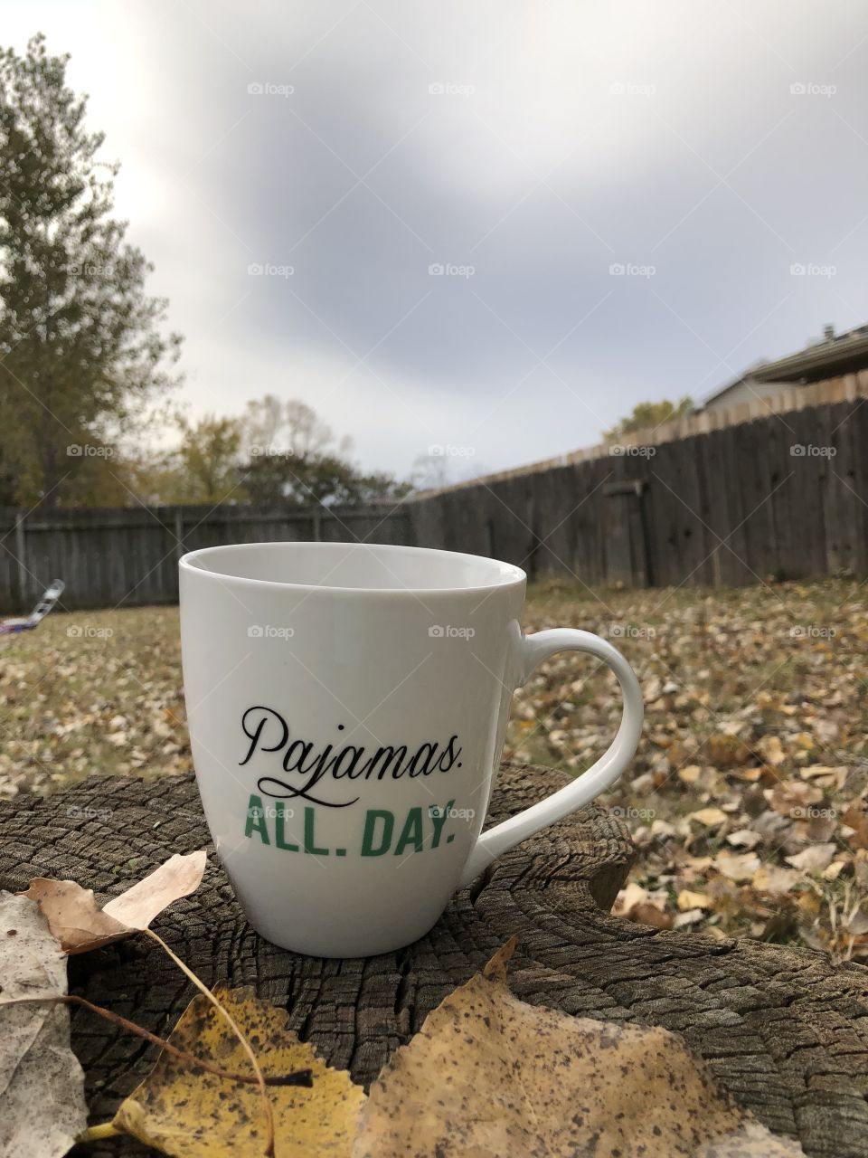 Blue sky and coffee, leaves and pajamas. 