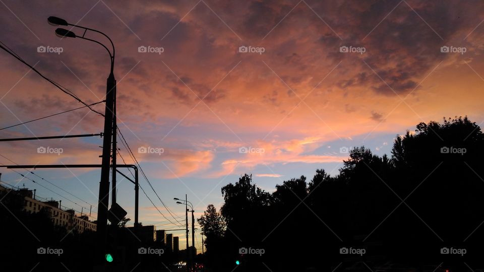 Sunset in the city road