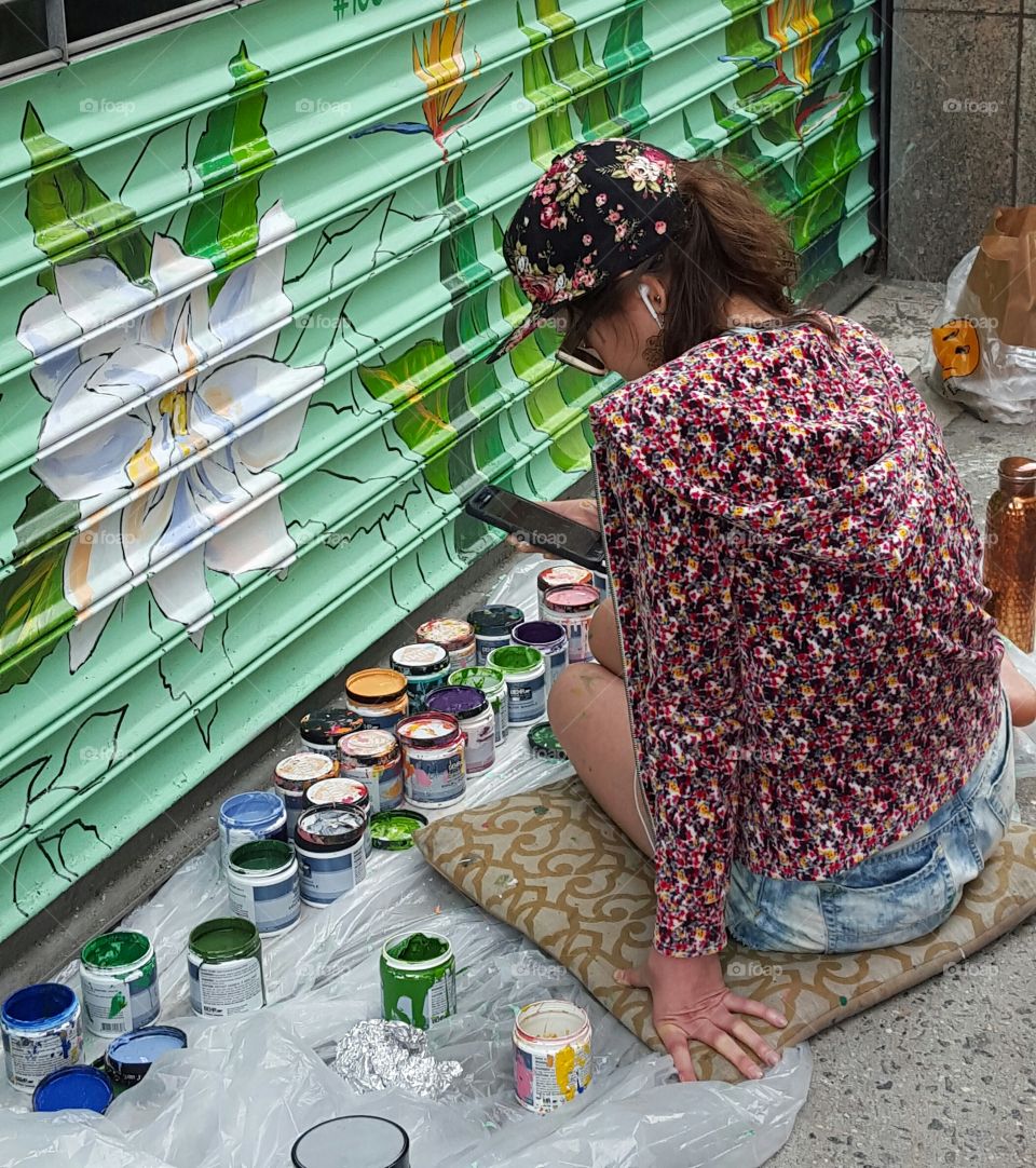 Flower painting with green background