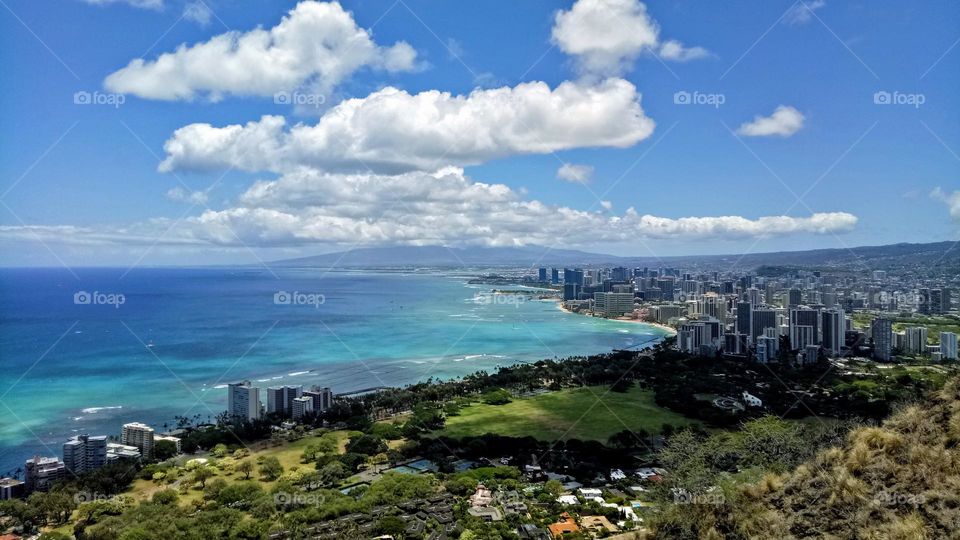 Overlooking, Summit of diamond head crater, Honolulu Hawaii.