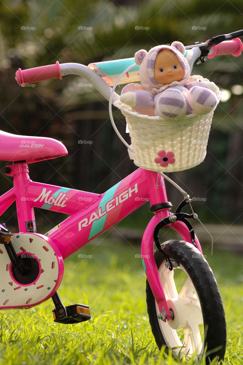 Close up of a toddler's bicycle with a toy in a basket