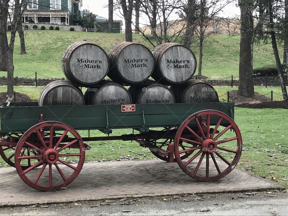 Wagon with whiskey barrels