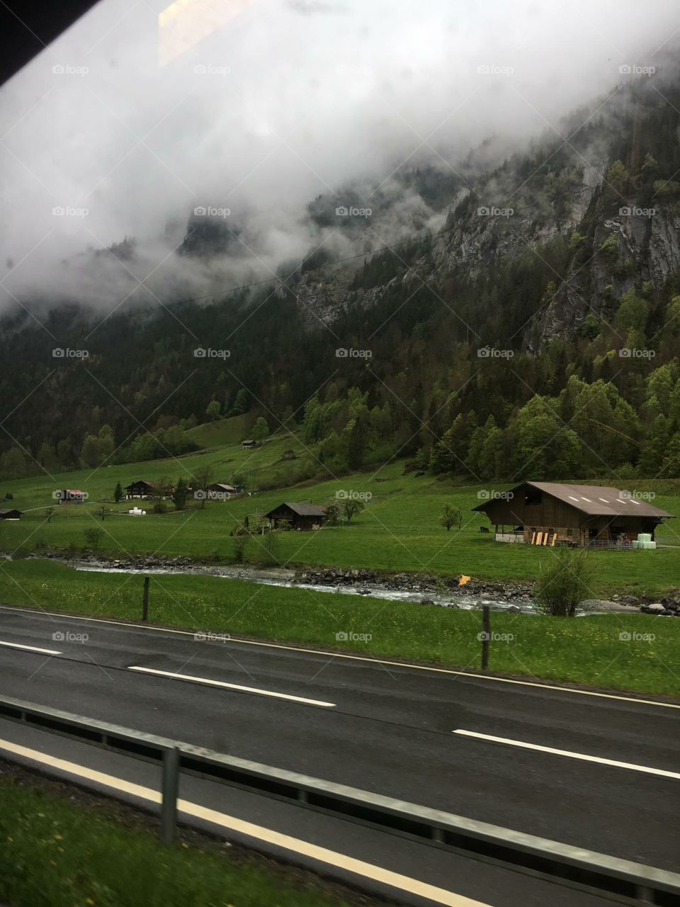 Foggy morning in Switzerland village 