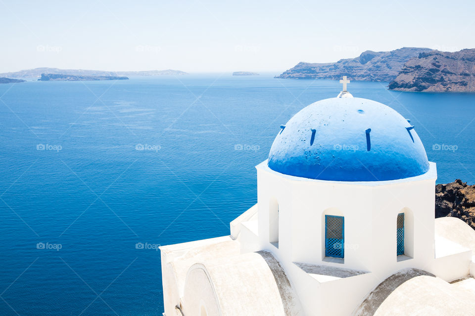 Church In Blue And White In Famous Greek Island Santorini In Cyclades
