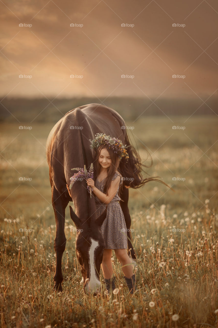 Portrait of little girl with  horse 