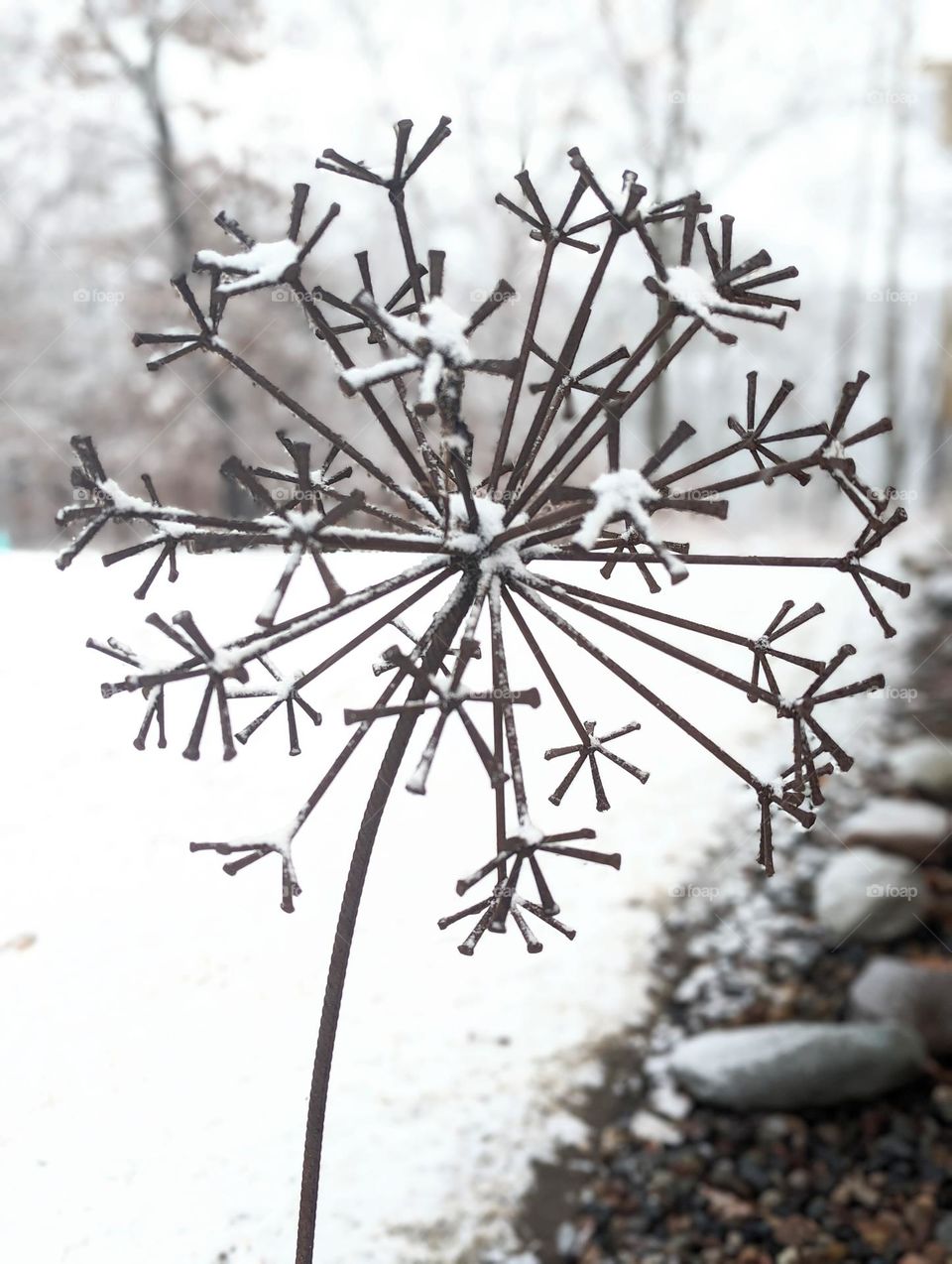 frosty wrought iron lawn decorations, frosty flower dandelion, iron dandelion with fresh frosty snow