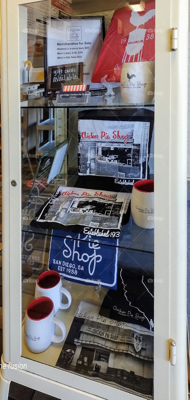 Souvenir cabinet at the Famous San Diego Chicken Pie Shop. Since 1938!