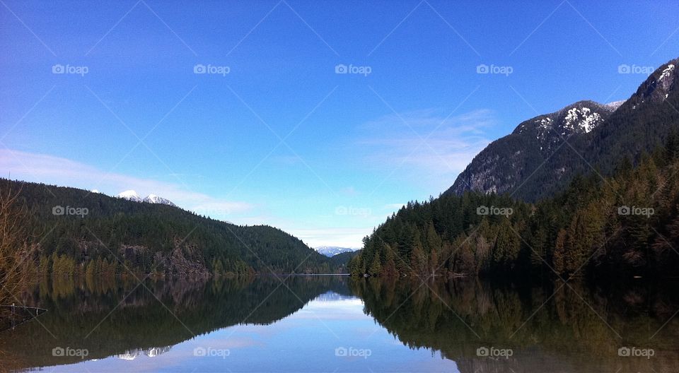 Snow capped mountains, lake reflections. Snow capped mountains, lake reflections