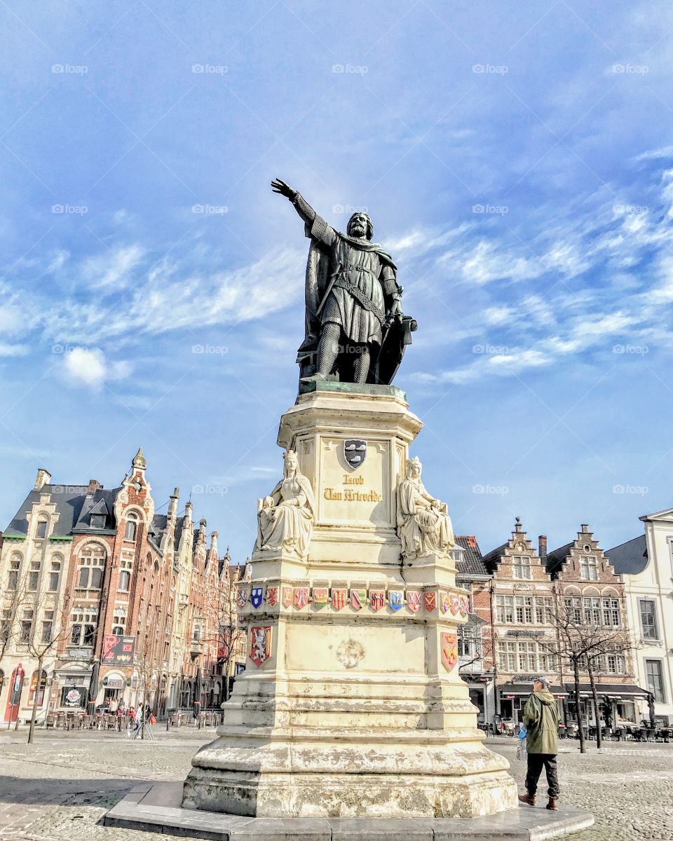 Ghent market square featuring statue of 14th century Flemish leader and local hero, Jacob Van Artevelde. 
