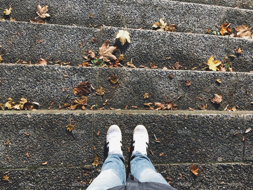 Man on stairs in autumn. Man standing on asphalt stairs with autumn foliage
