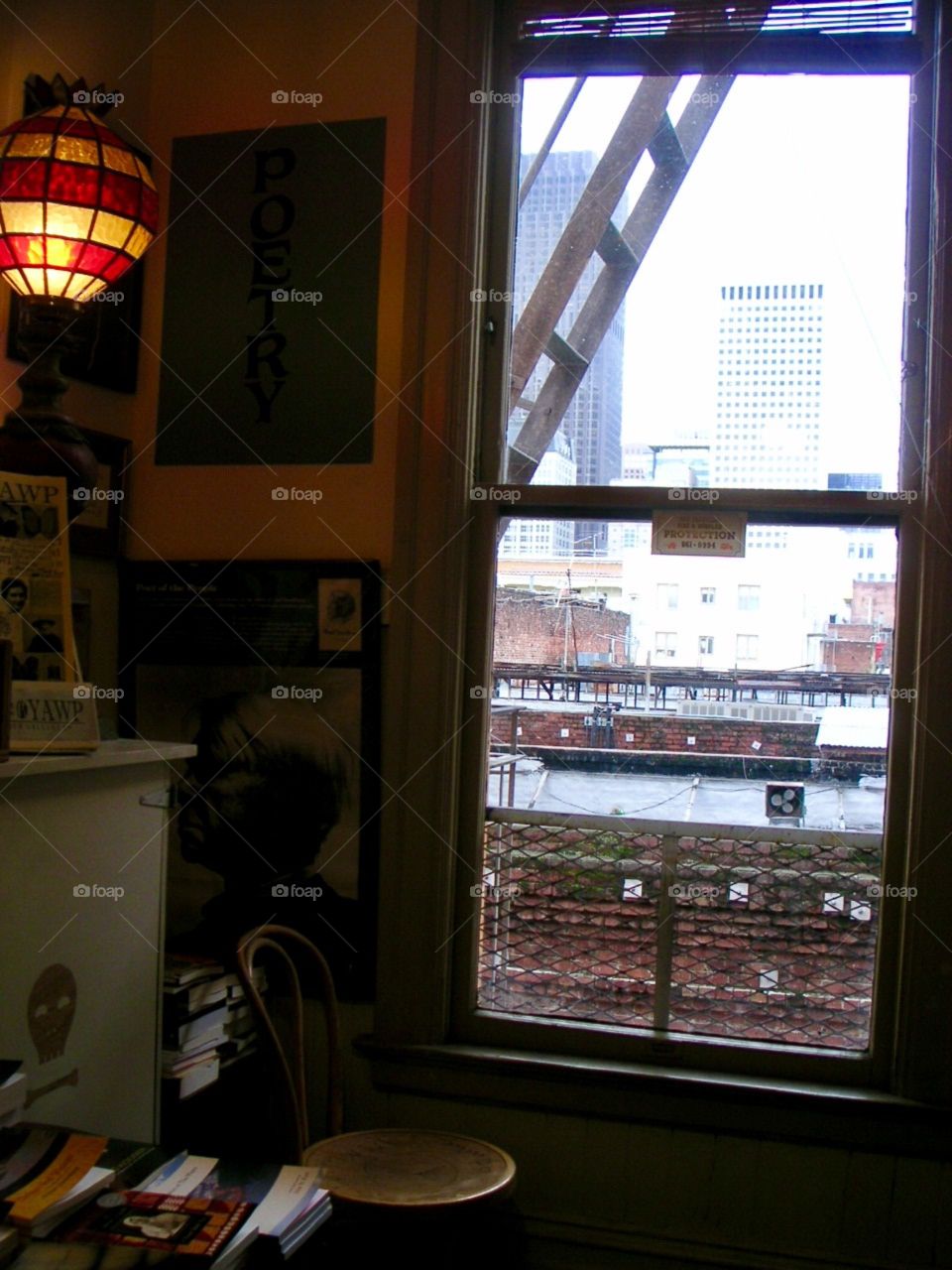 See San Francisco from the window of City Lights Bookstore CA