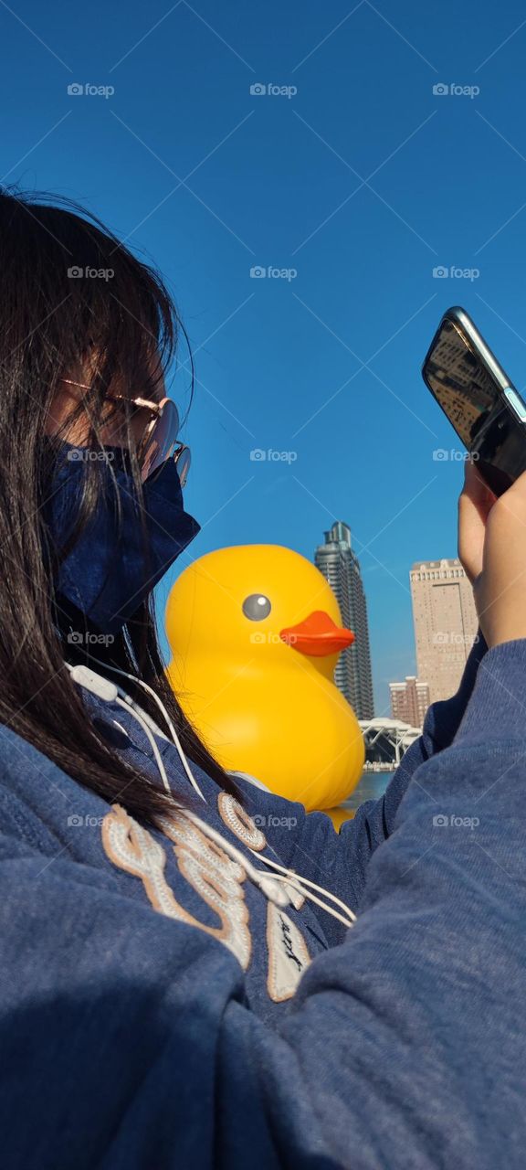 Rubber Duck floating on Lover River Bay in Kaohsiung, Taiwan