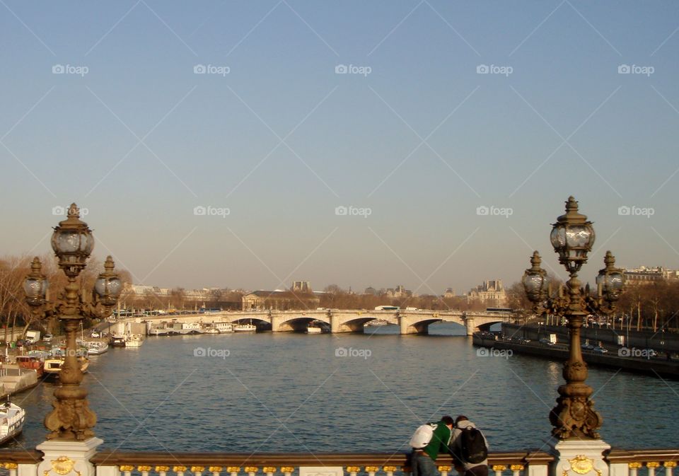 the Seine river, the bridges and two street lamps
