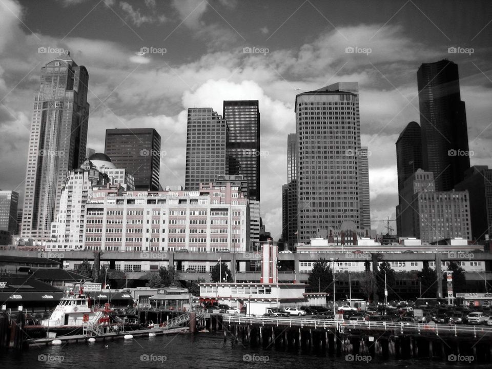 Approaching Downtown Seattle from the Harbor Ferry, Monochrome, Buildings City Skyline Cityscape Washington USA  