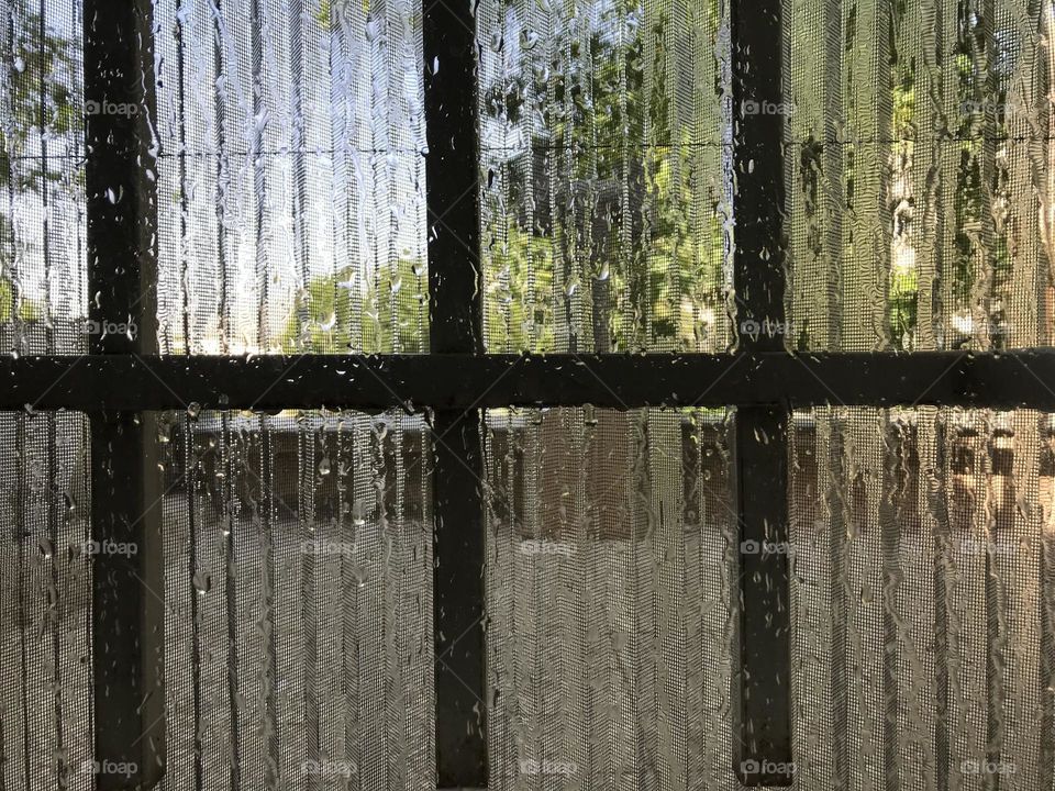 Raindrops entangled in a window net.