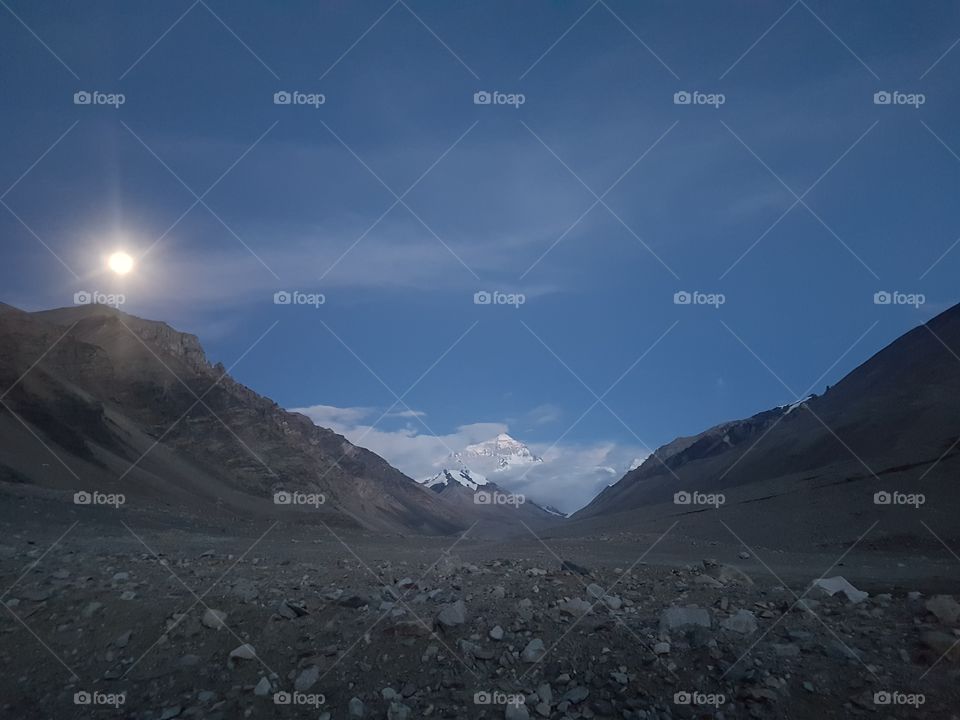 Mt. Everest base camp completed view with the moon came out