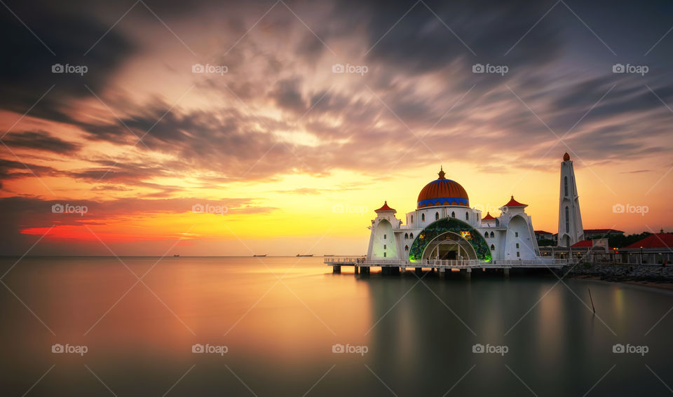 Beautiful sunset over Malacca Straits Mosque