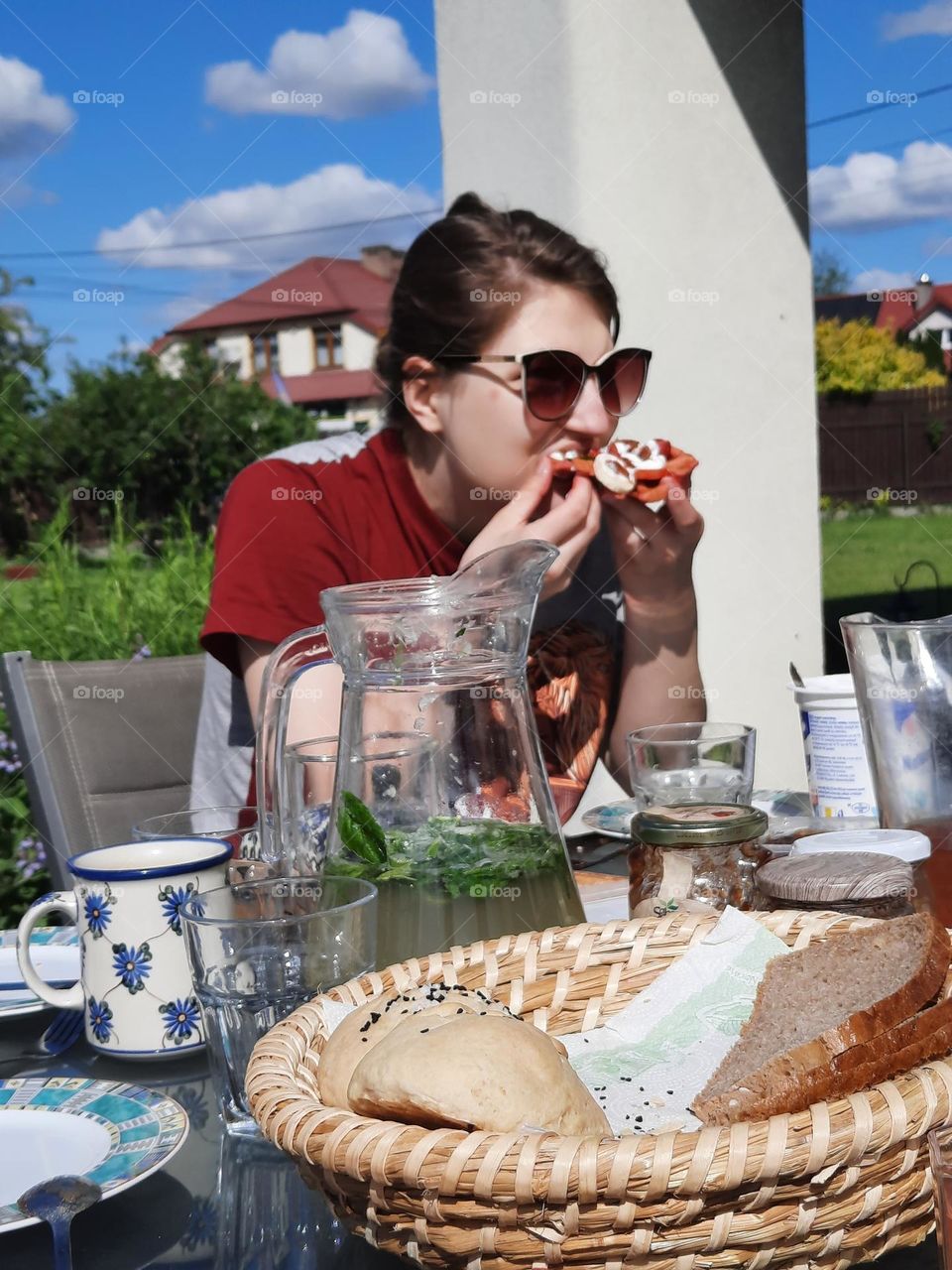 hungry girl at breakfast