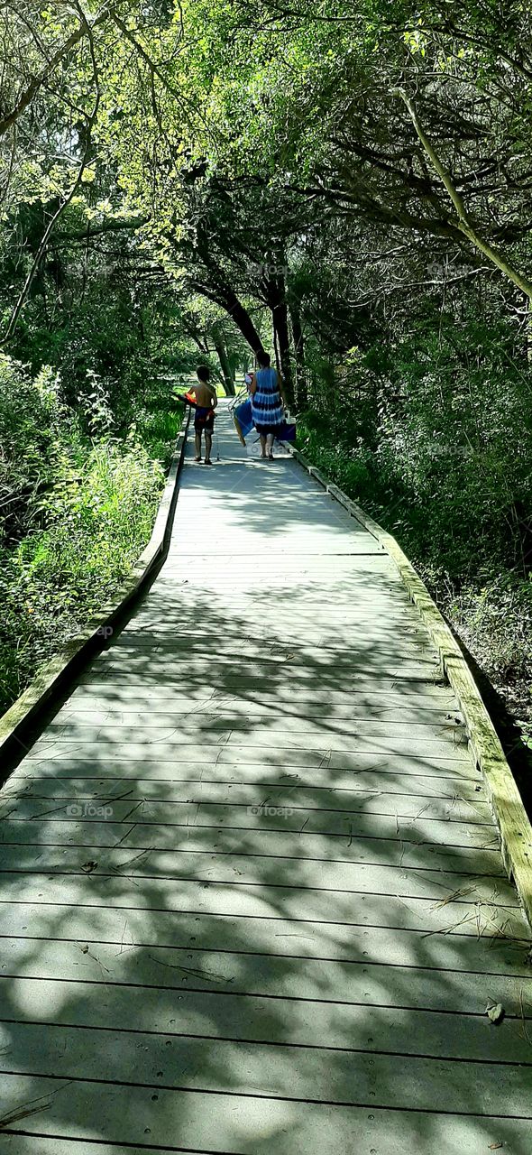 heading home walking through the shade and shadows of the trees after a day at the beach