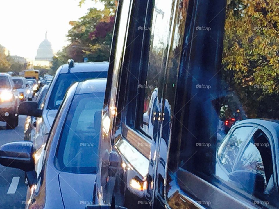 Looking back in traffic at the Capitol 