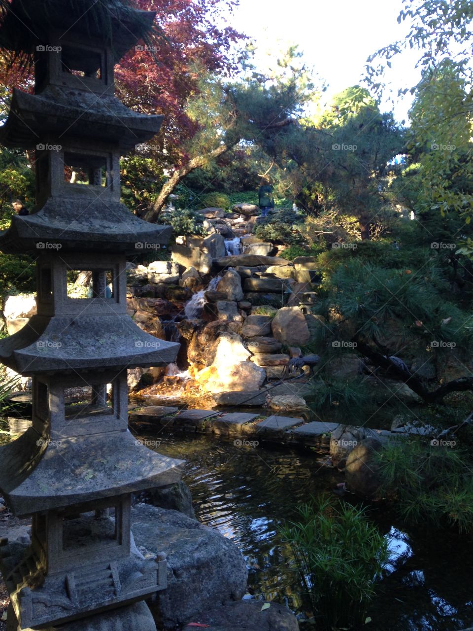 Japanese garden with statue