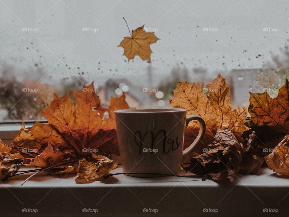 cozy window with autumn leaves and cup of tea