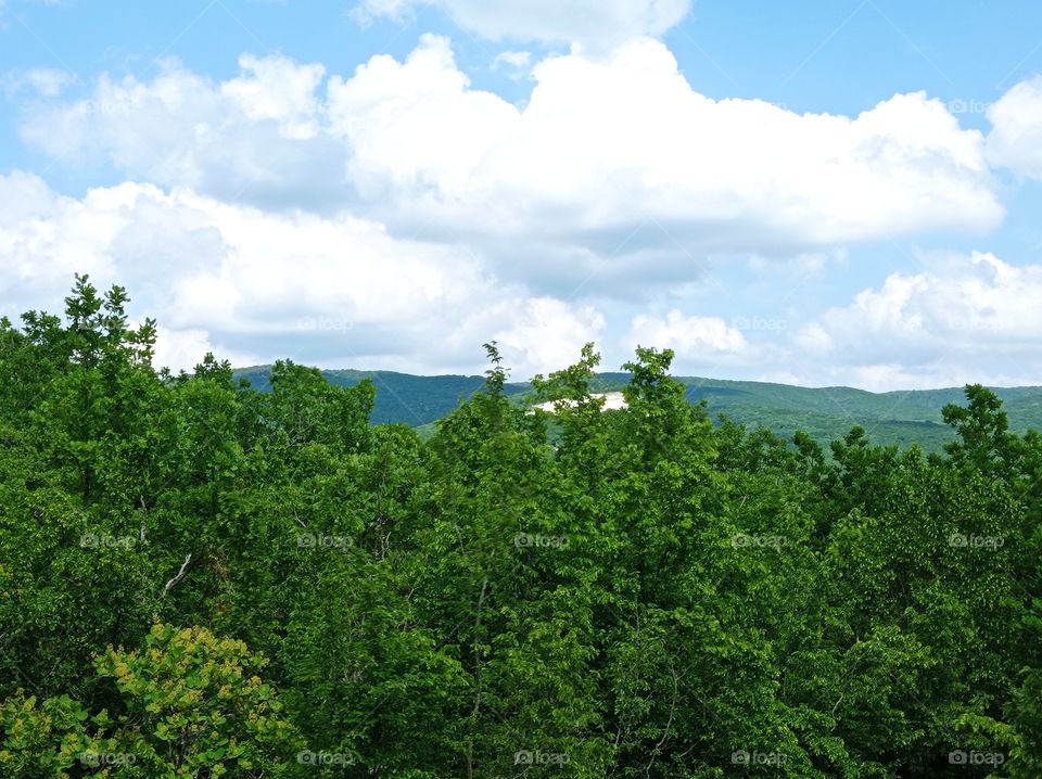 View from the mountain. Flying clouds. Forest and mountains.