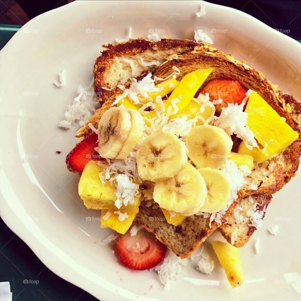 Hawaiian French Toast At A Restaurant, Food Photography, Fruits And Coconut On French Toast