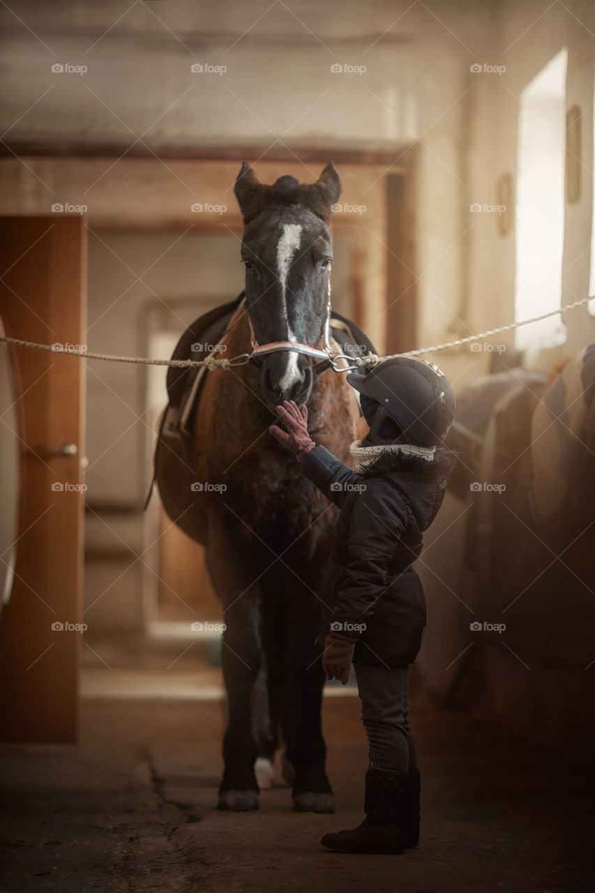 Girl in horse riding wear in a stable