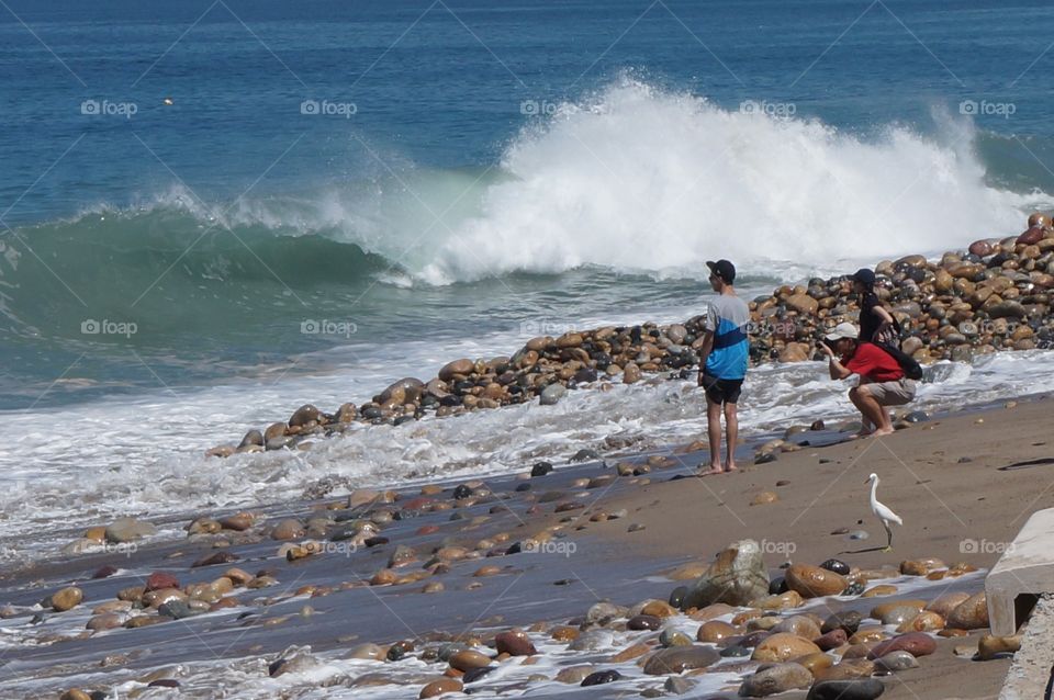 Waves at the beach with people and a bird looking on.  Photo taken in Puerto Vallarta, Mexico.