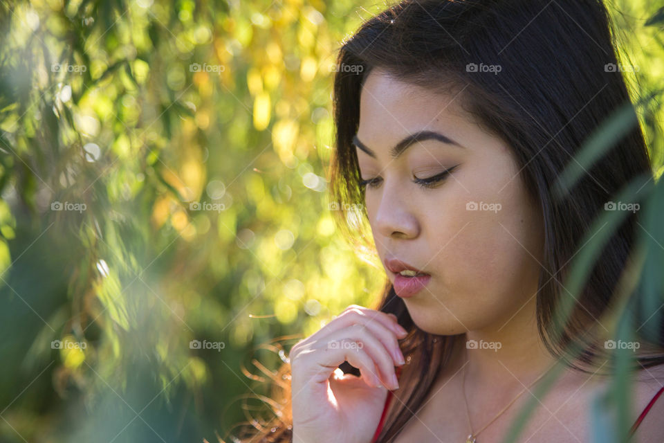 Golden Light. Profile shot of a friend under a weeping willow tree