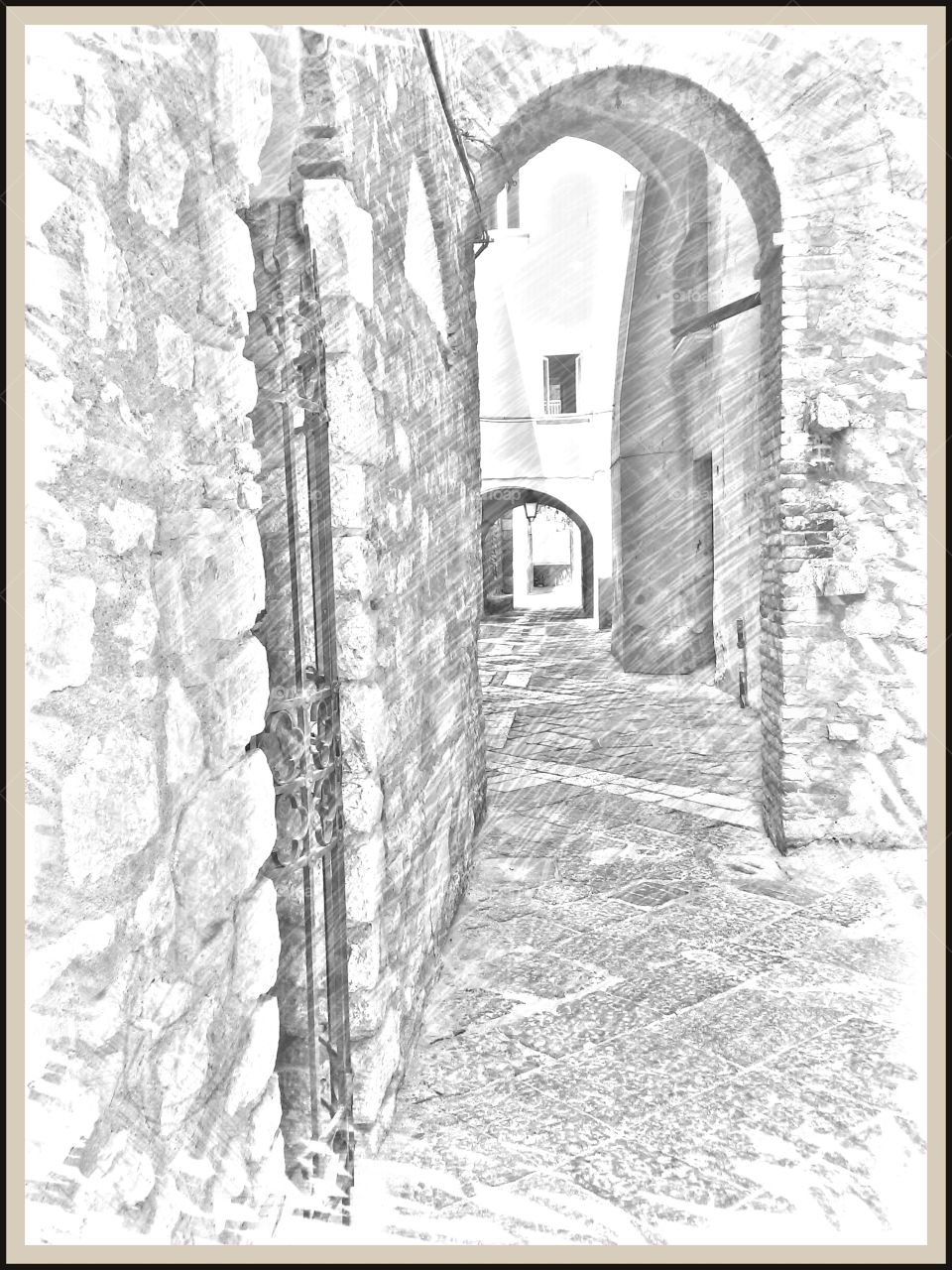Street - sketch. Street in the medieval quarter of Gaeta, Italy.