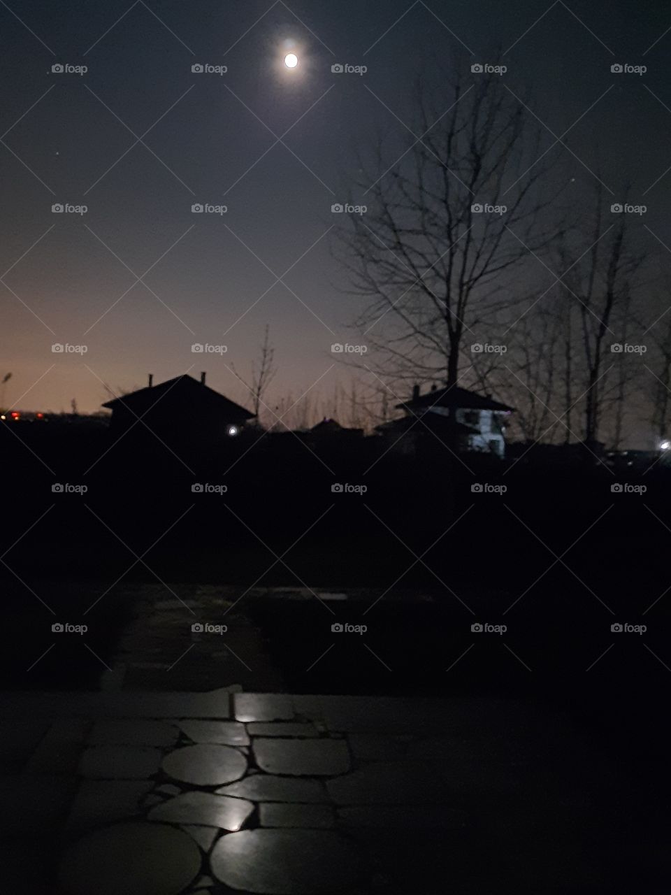 full moon reflecting in stone pavement in December