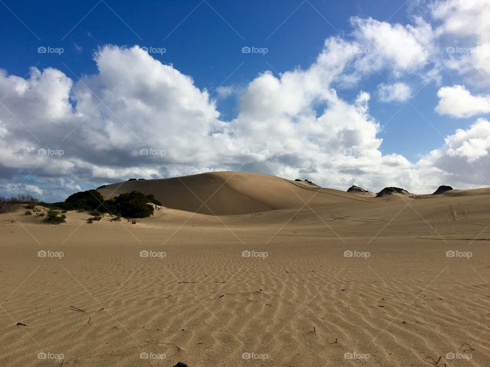 South Australia remote pristine coastal sand dunes on sunny day, cloud formations, copy text space, Lincoln National Park