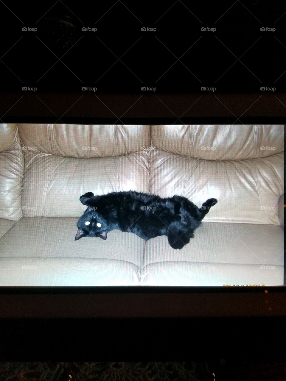 Black cat laying on tan leather couch, upside down, with feet sticking up in the air🐾Contrast of colors & funny pet photo!