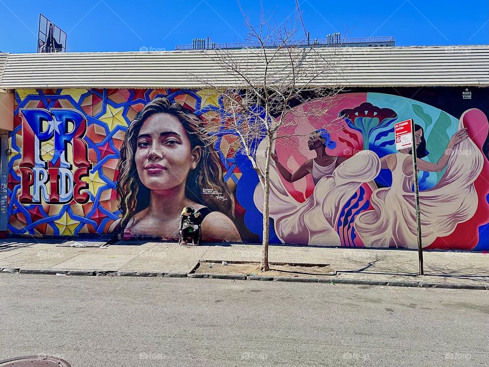This beautiful mural on „Jefferson Street“ off „Broadway“ in „Bushwick“, Brooklyn shows a young Latin lady next to the word „PRIDE“ and stars and an African lady dancer in a flowing white dress. 2024. Hypnotic Productions