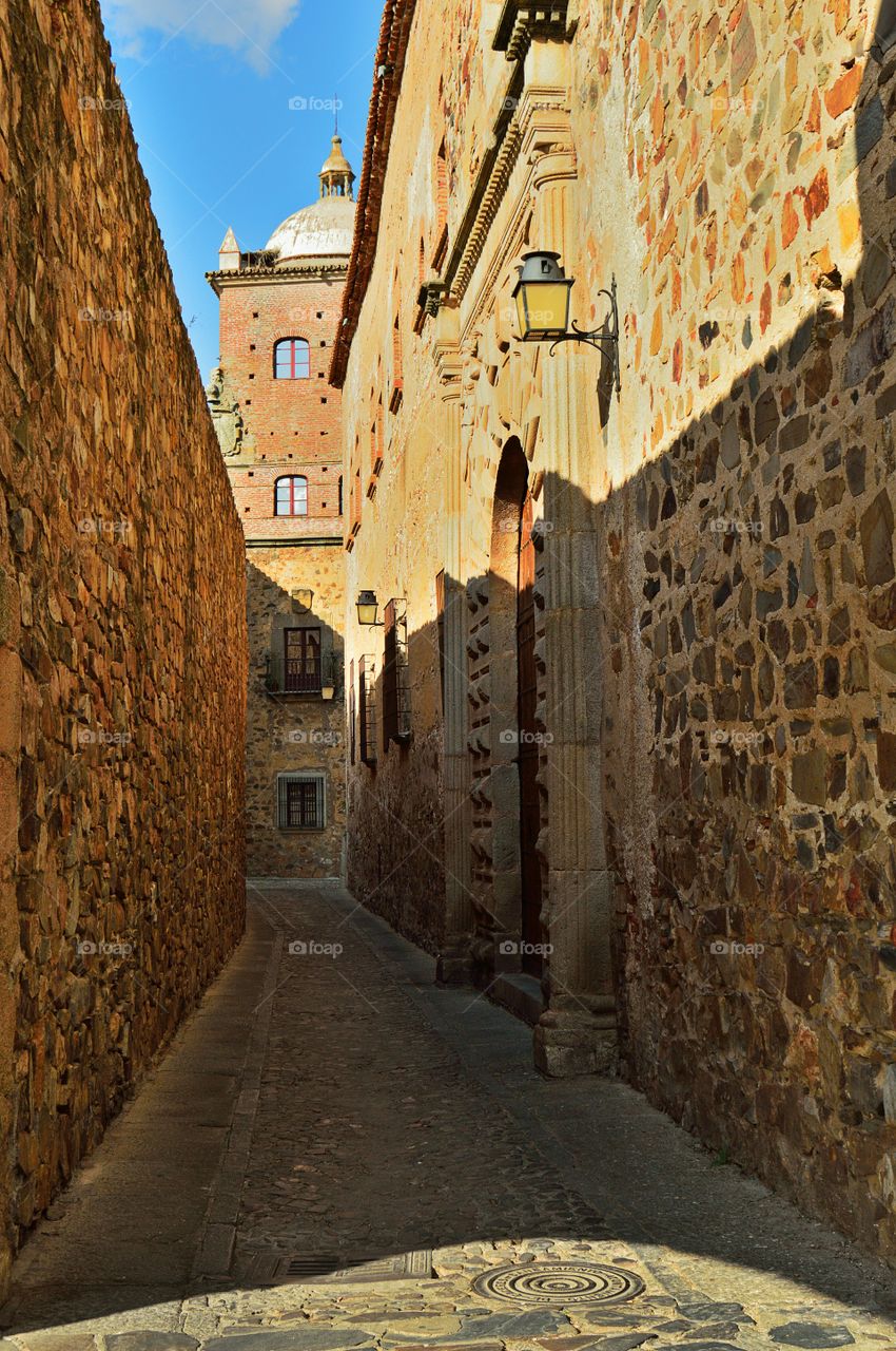 Tower of the Toledo-Moctezuma Palace in the historic centre of Cáceres, Extremadura, Spain