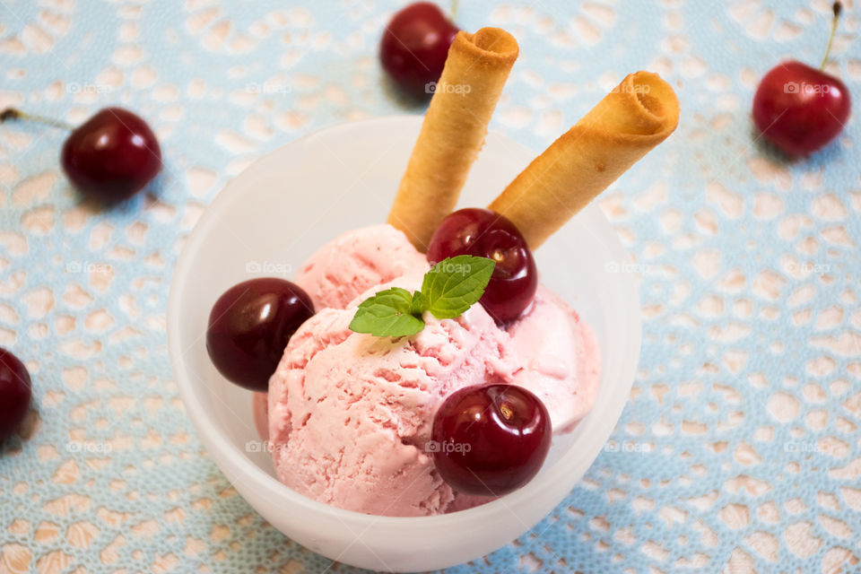 High angle view of cherry ice cream