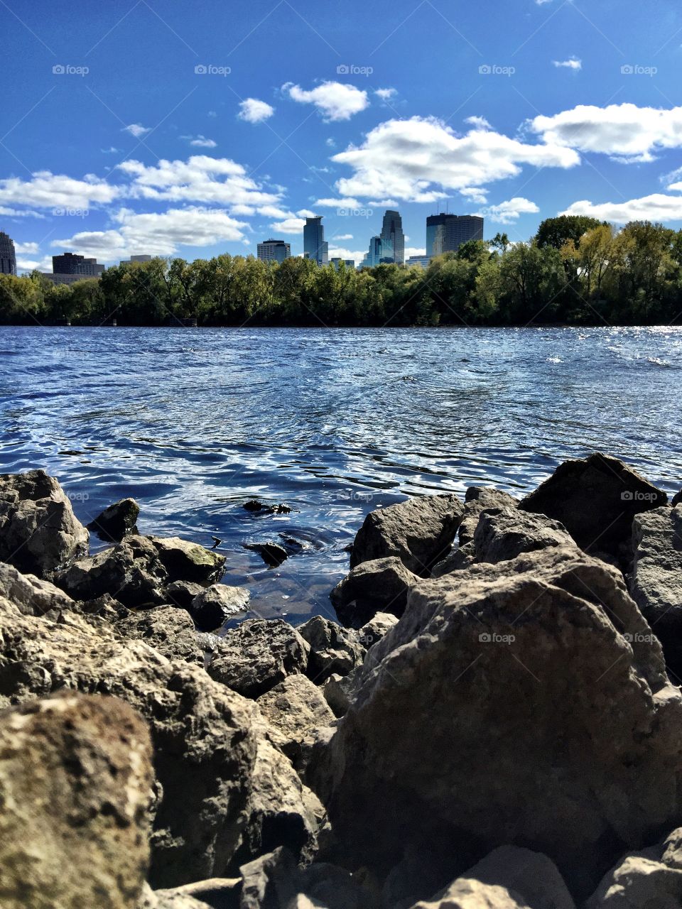 The view of downtown Minneapolis from Boom Island. 