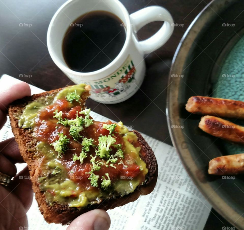 breakfast toast coffee sausage plate broccoli salsa newspaper