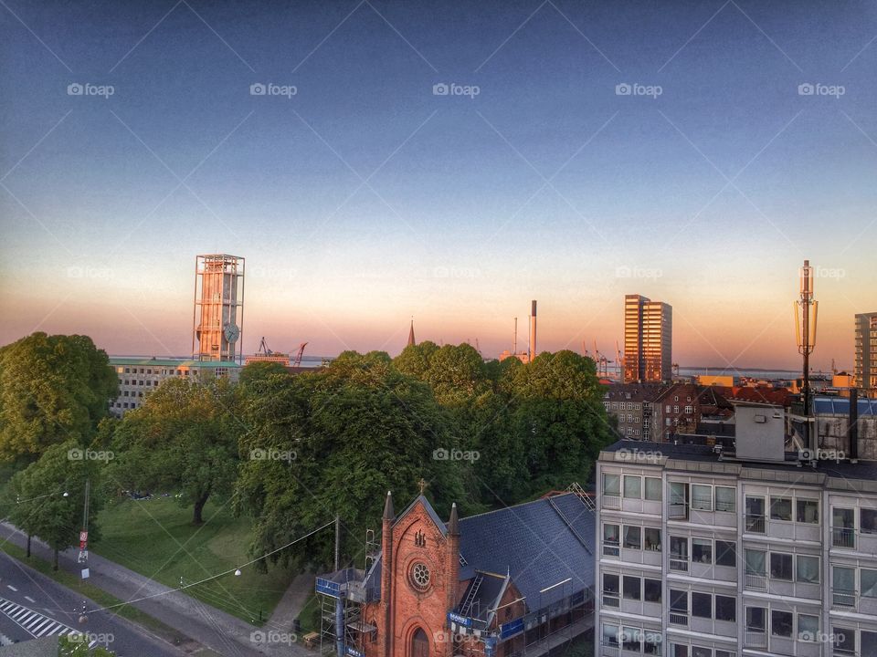 Aarhus skyline at sunset